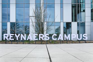 Reynaers Campus logo in front of the headquarters in Duffel, Belgium.