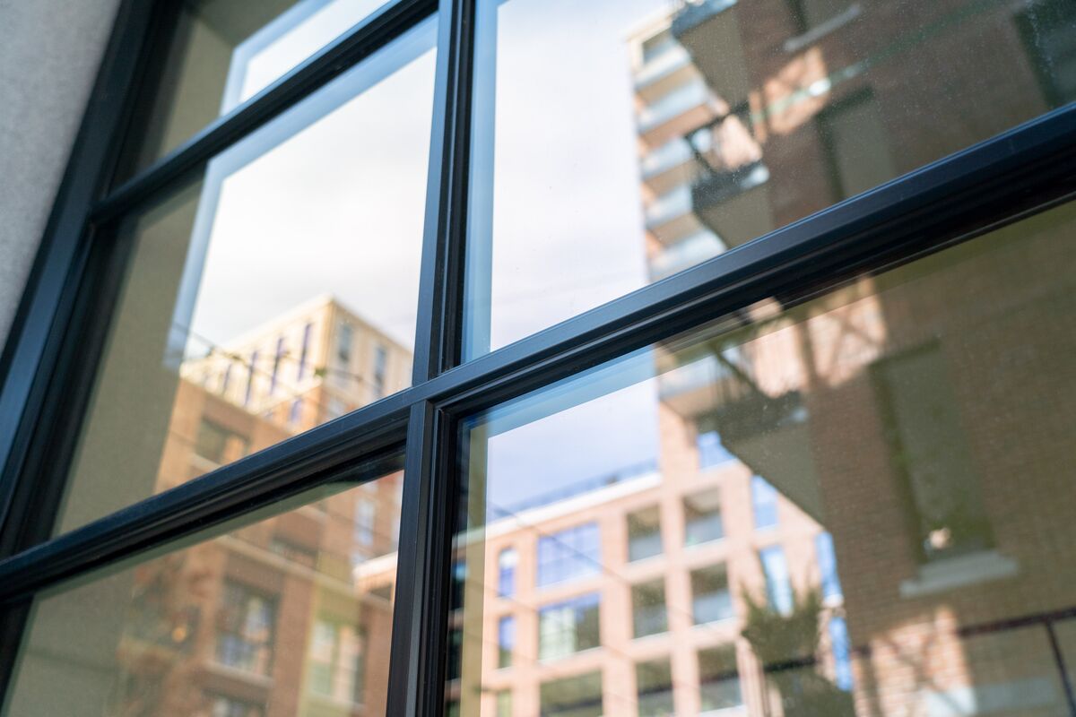 Close-up of black aluminium georgian bars.
