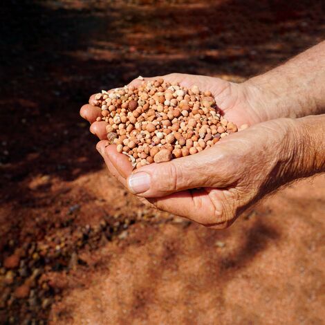 Two hands holding bauxite ore in sandy field.