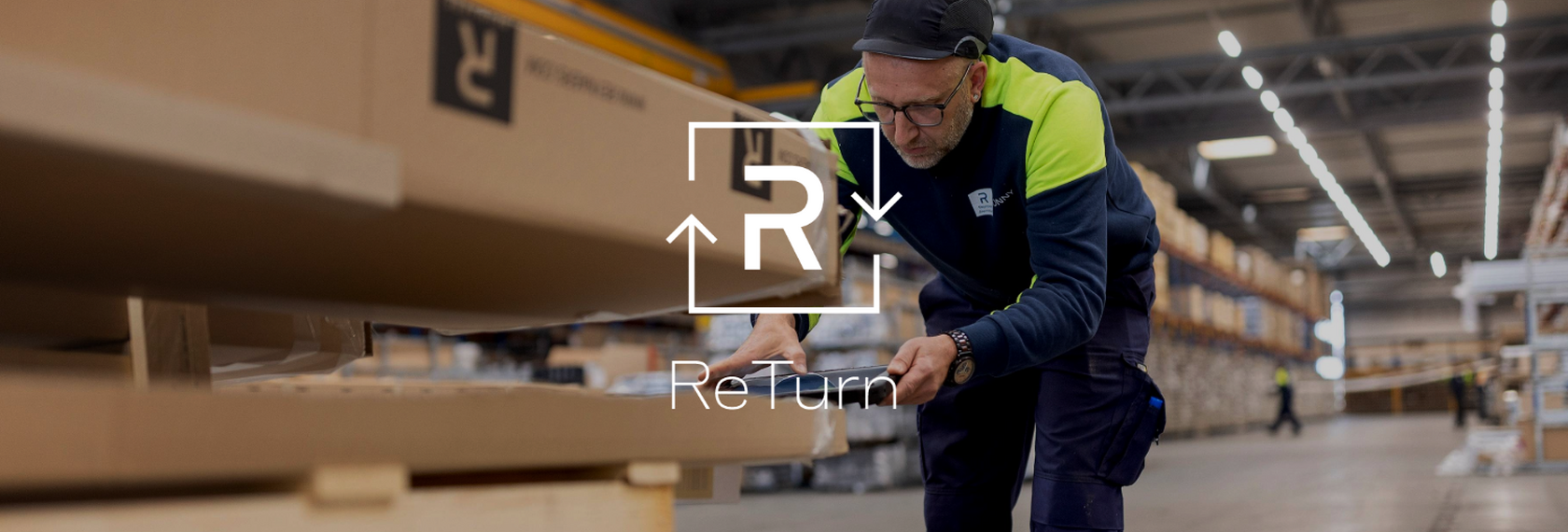 ReTurn logo in front of warehouse worker checking packages